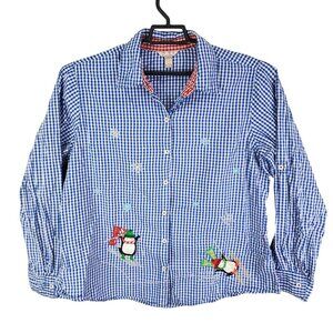 Womens White Stag Blue Gingham Shirt Button Up Penguin Embroidery Size XXL